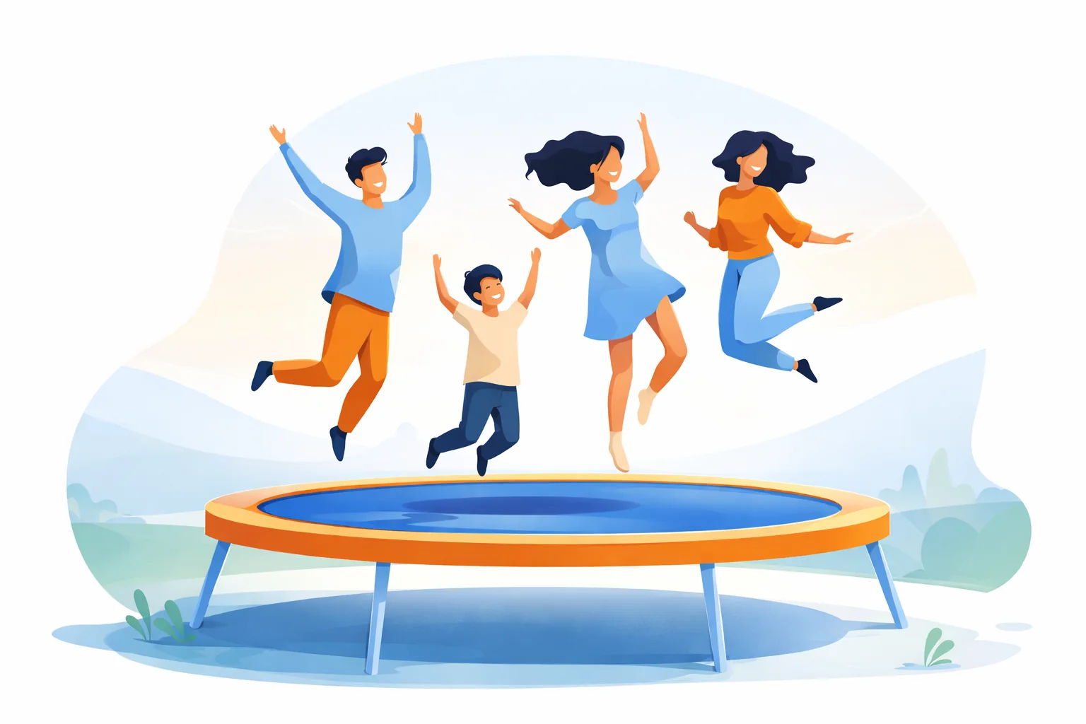 Family enjoying a backyard trampoline