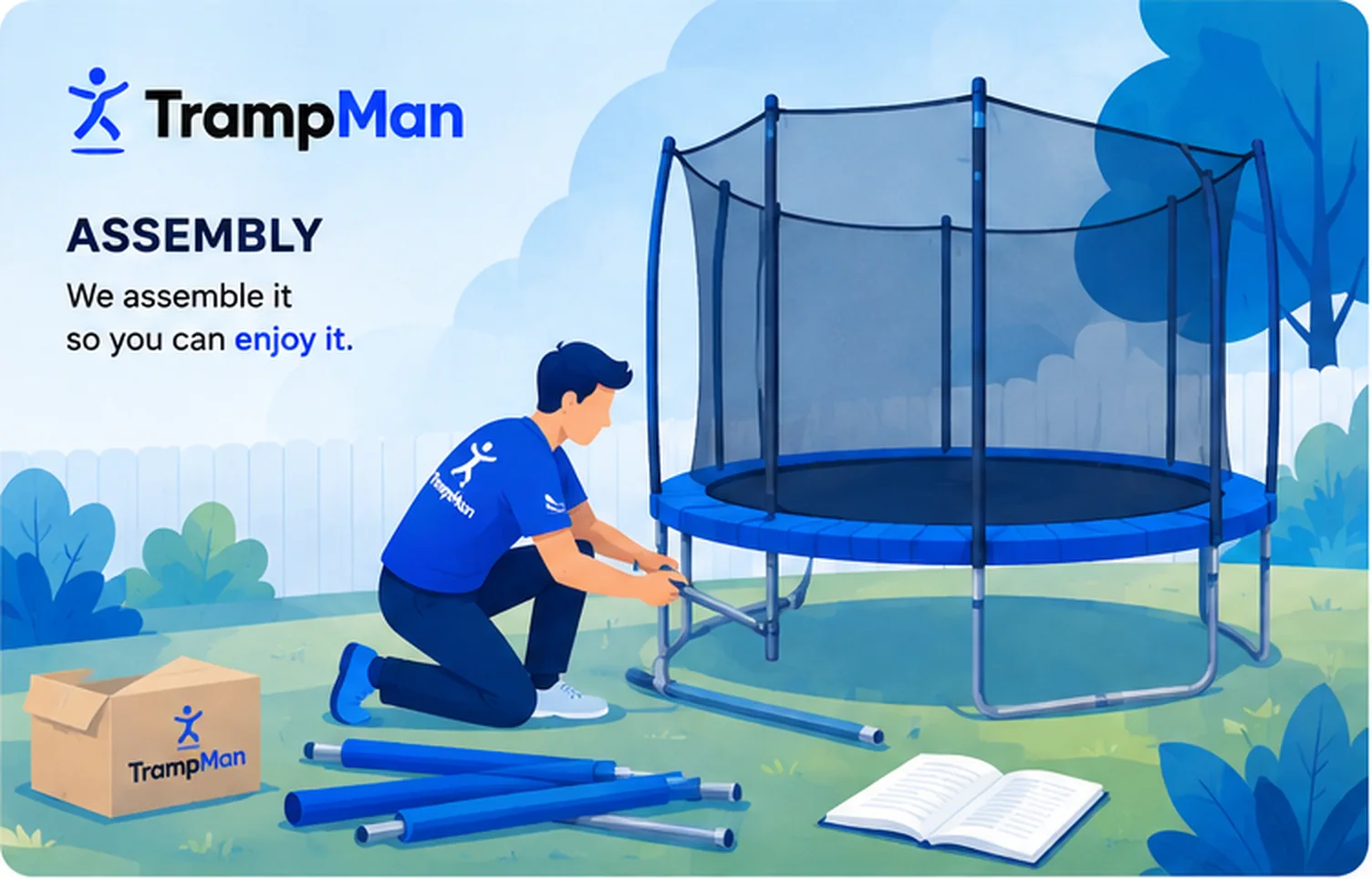 Illustration of a Trampman installer assembling a trampoline