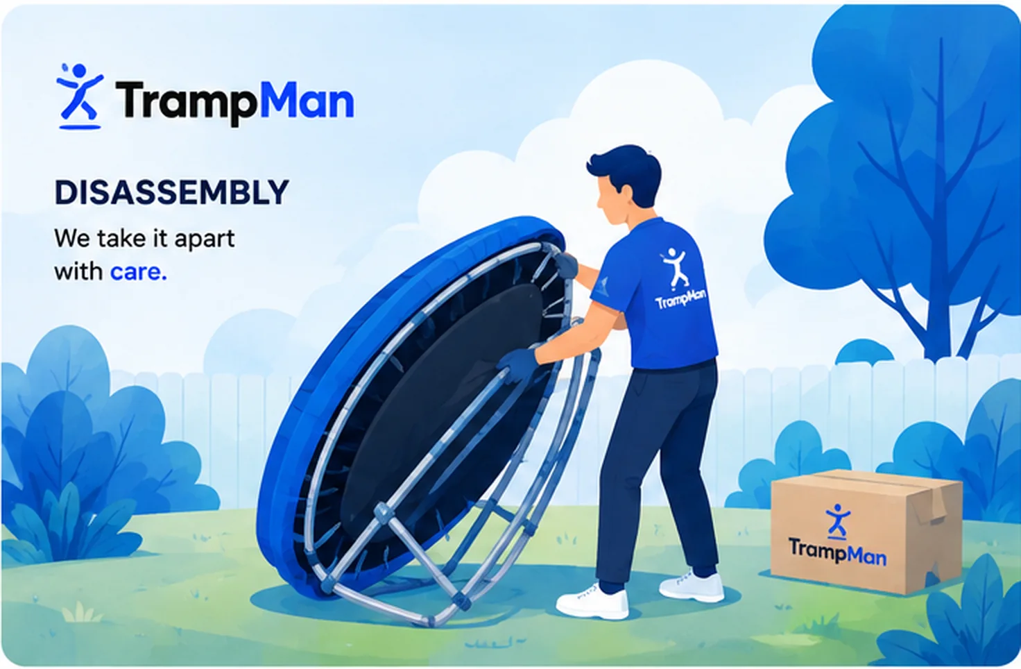 Illustration of a Trampman installer disassembling a trampoline