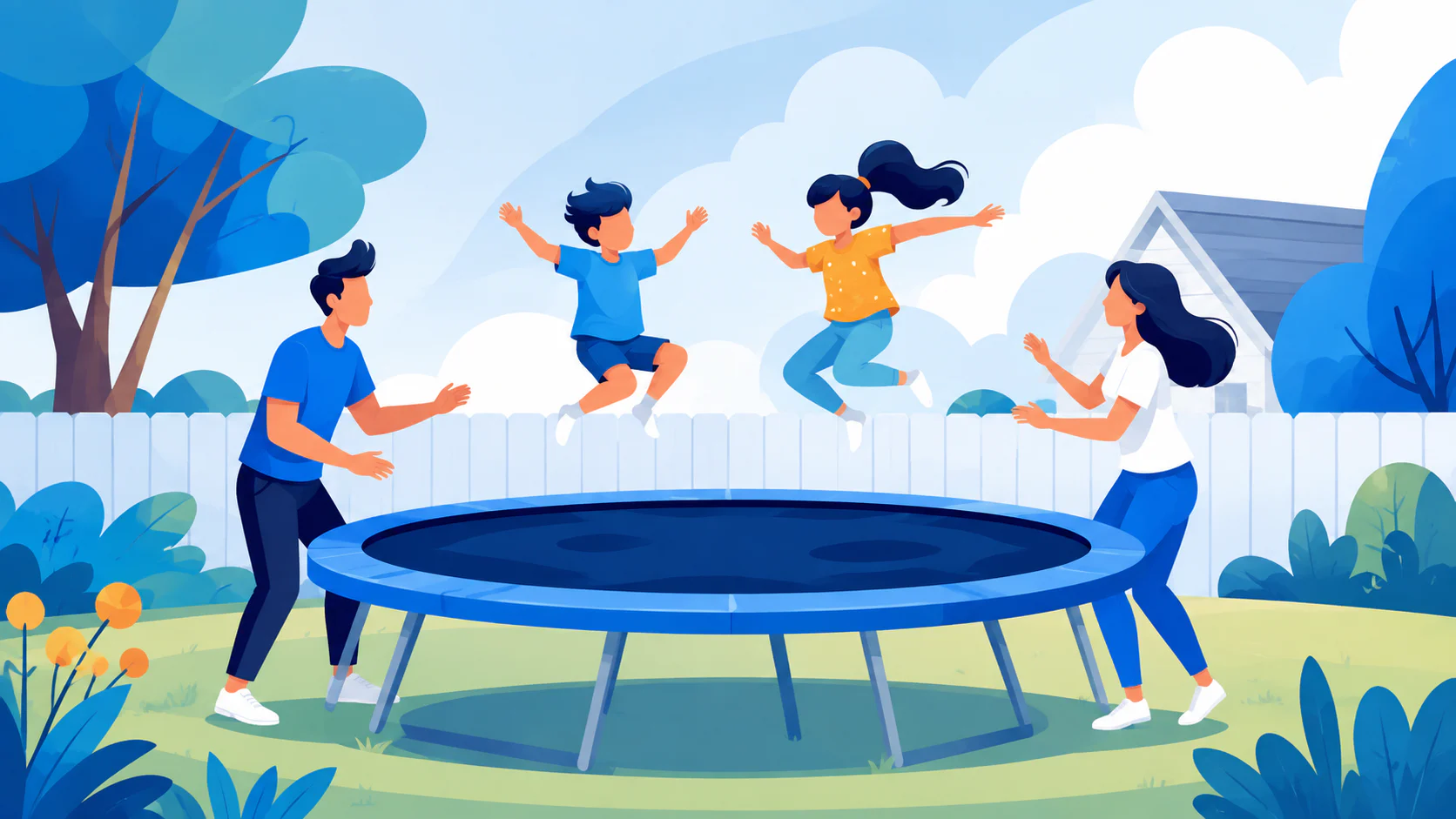 A family enjoying a trampoline together in a backyard