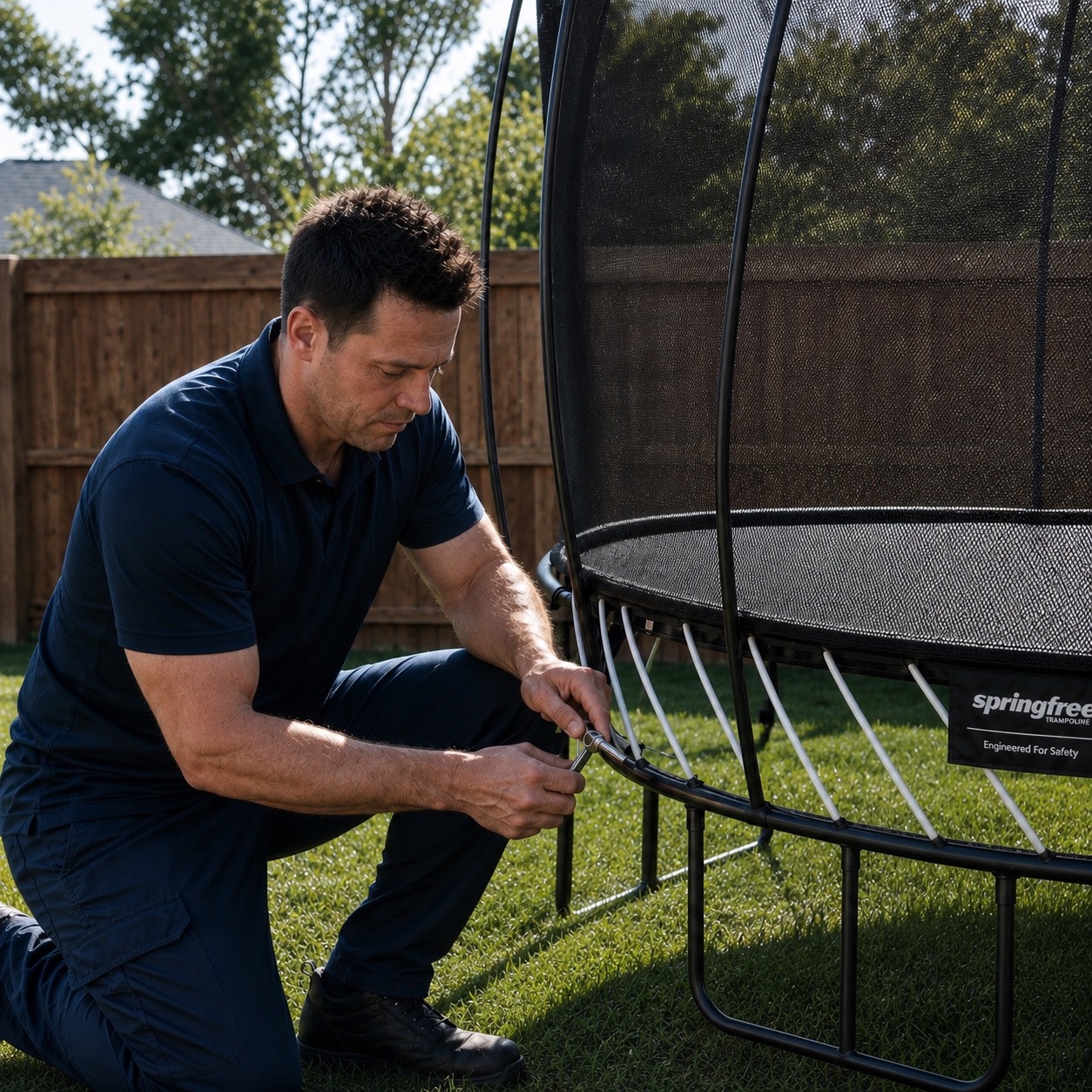 Trampman trampoline specialist completing a backyard trampoline service in Melbourne