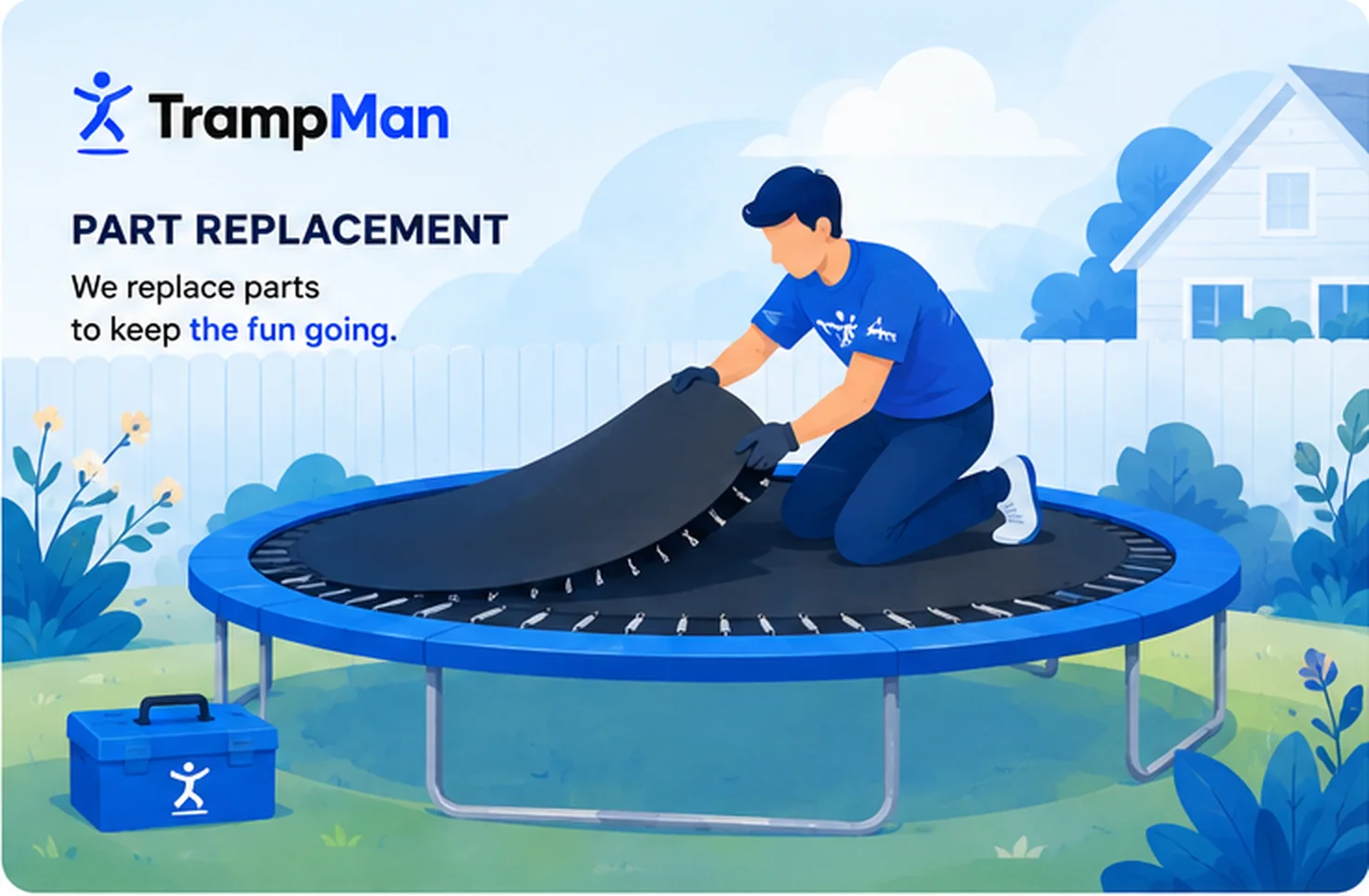 Illustration of a Trampman installer replacing trampoline parts