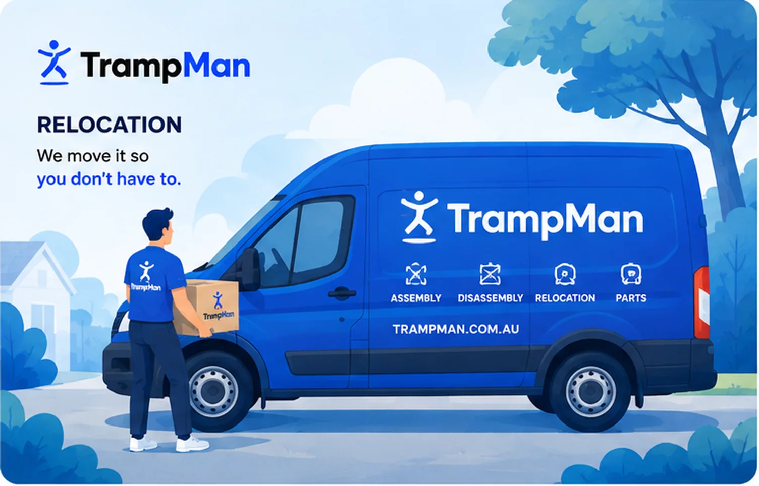 Illustration of a Trampman installer relocating a trampoline